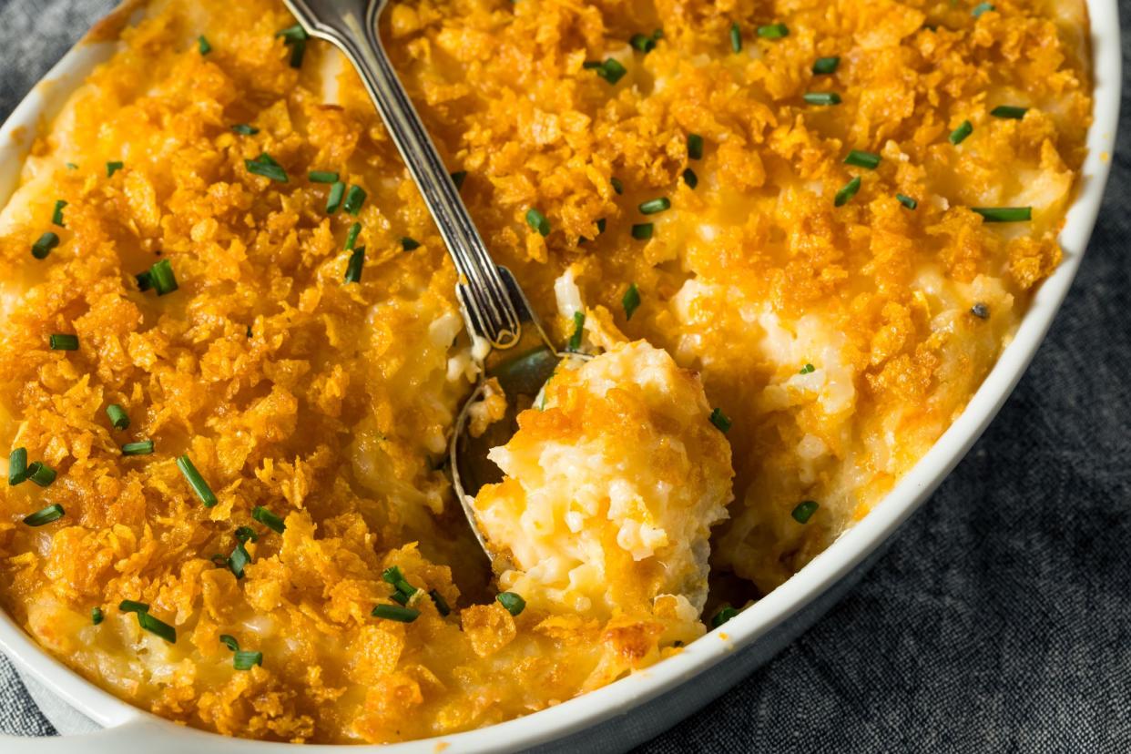 Homemade Funeral Potatoes Casserole with Cheese and Chives