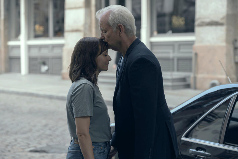 This image released by Apple shows Bill Murray, right, and Rashida Jones in a scene from "On the Rocks." (JoJo Whilden/Apple via AP)