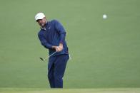 Brooks Koepka hits on the on the second hole during a practice round in preparation for the Masters golf tournament at Augusta National Golf Club Tuesday, April 9, 2024, in Augusta, Ga. (AP Photo/Ashley Landis)