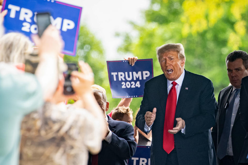 Image: Former President Donald Trump arrives to meet with local Republican leaders at the Machine Shed restaurant in Urbandale, Iowa, on  June 1, 2023.  (Al Drago / Bloomberg via Getty Images)