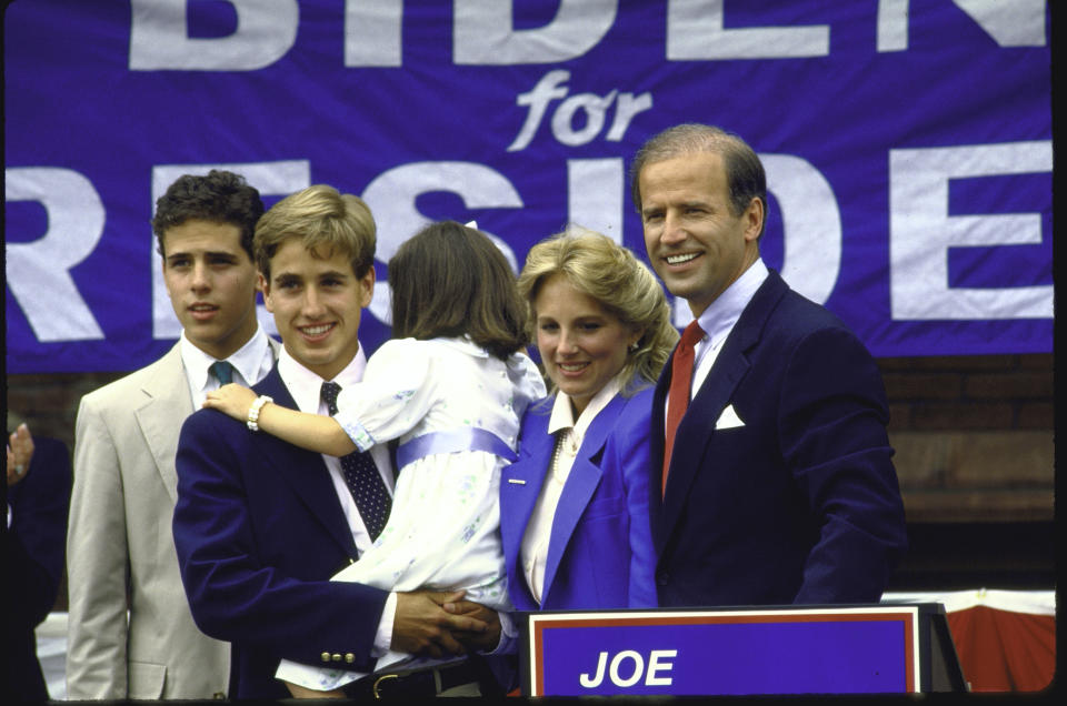 Joe Biden standing with his family after announcing his candidacy for the Democratic presidential nomination.  