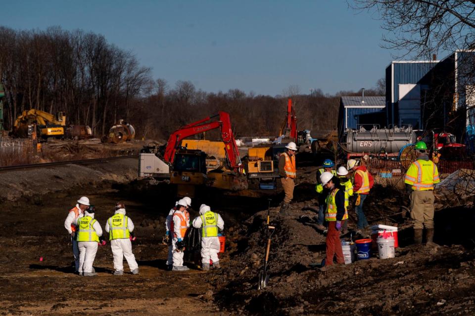 PHOTO: Cleanup efforts continue after a Norfolk Southern train carrying toxic chemicals derailed causing an environmental disaster, Mar. 9, 2023, in East Palestine, Ohio.  (Michael Swensen/Getty Images)