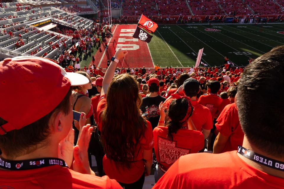 The Utah student section cheers during the season opener against Florida at Rice-Eccles Stadium in Salt Lake City on Thursday, Aug. 31, 2023. | Megan Nielsen, Deseret News