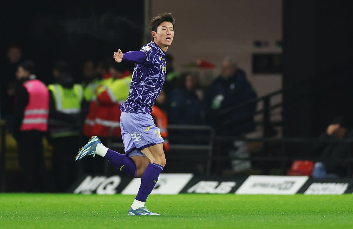Hwang Ui-jo Norwich City celebrates after scoring the team’s second goal during the Sky Bet Championship match between Watford and Norwich City at Vicarage Road in 2023 (Getty Images)