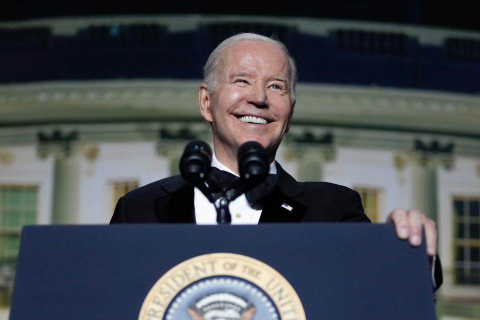 President Joe Biden speaks during the White House Correspondents' Association dinner at the Washington Hilton in Washington, Saturday, April 29, 2023. Biden announced his reelection campaign on April 25. His approval rating was 40% the previous month. Biden would be 86 at the end of a second term, leading to fears that he's too old to keep such a demanding job.