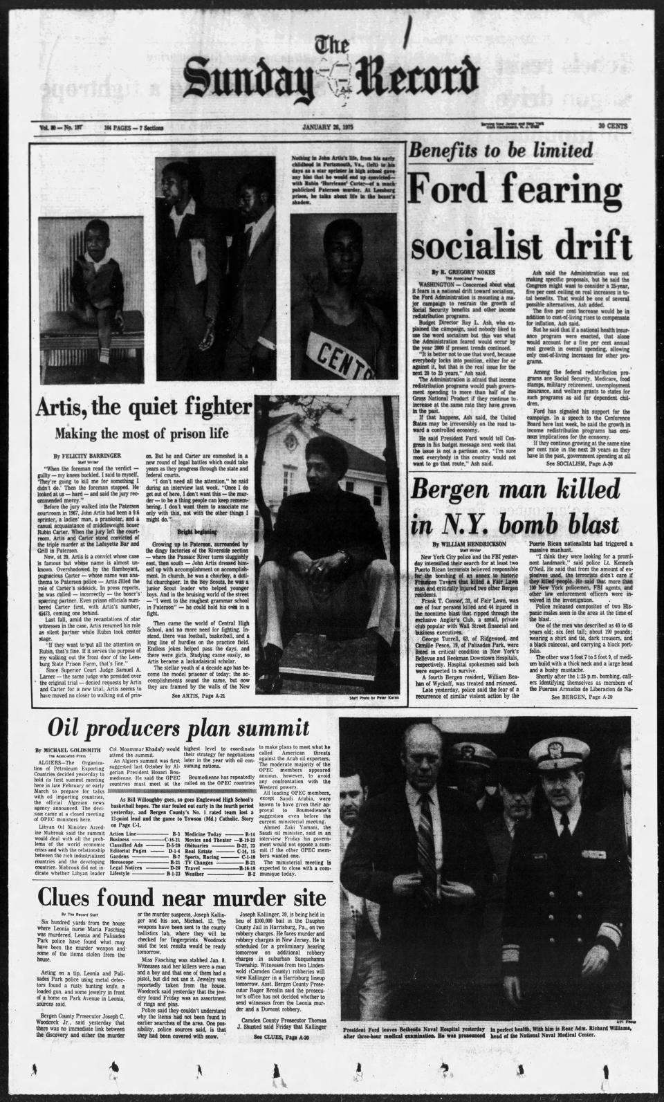 The front page of The Sunday Record for Sunday, Jan. 26, 1975 includes coverage of the Jan. 24, 1975 bombing of Fraunces Tavern in Lower Manhattan. The bombing, which killed four including Frank T. Connor, 33, of Fair Lawn, New Jersey, was conducted by group of Puerto Rican nationalists.