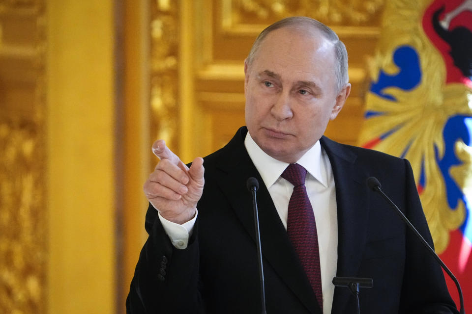 Russia President Vladimir Putin meets his authorised representatives for the presidential election campaign in the Andreyevsky Hall of the Great Kremlin Palace, in Moscow, Russia, Wednesday, March 20, 2024. (AP Photo/Alexander Zemlianichenko)