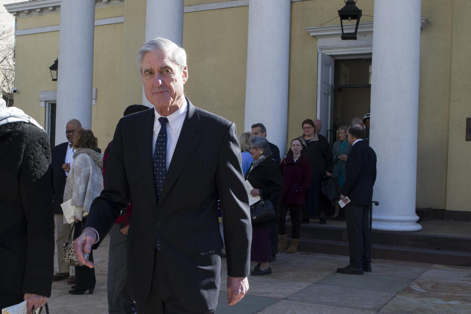 Special Counsel Robert Mueller departs St. John's Episcopal Church, across from the White House, after attending morning services, in Washington, Sunday, March 24, 2019. Mueller closed his long and contentious Russia investigation with no new charges, ending the probe that has cast a dark shadow over Donald Trump's presidency. (AP Photo/Cliff Owen)