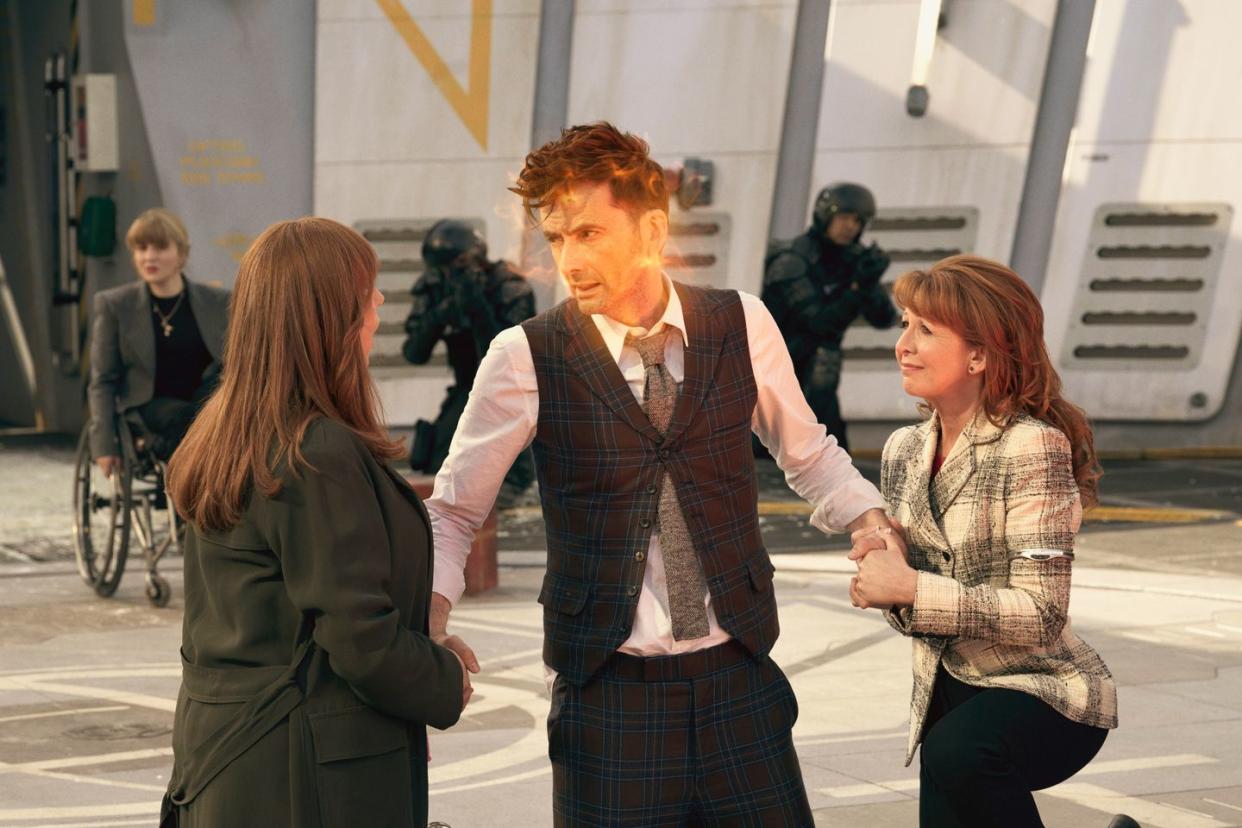 catherine tate as donna noble, david tennant as the doctor, bonnie langford as mel, doctor who the giggle