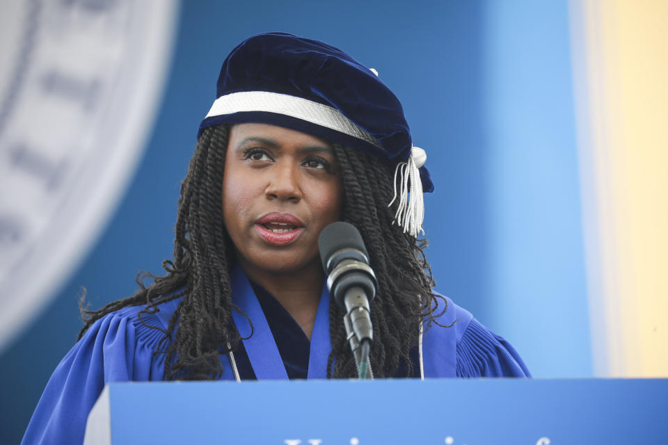 BOSTON, MA- May 31, 2019: Massachusetts Congresswoman Ayanna Pressley gives the Principal address to the graduates during the 51st UMass Boston Commencement Ceremony on May 31, 2019 in Boston, Massachusetts. (Staff photo By Nicolaus Czarnecki/MediaNews Group/Boston Herald) (Photo by Nicolaus Czarnecki/MediaNews Group/Boston Herald via Getty Images)