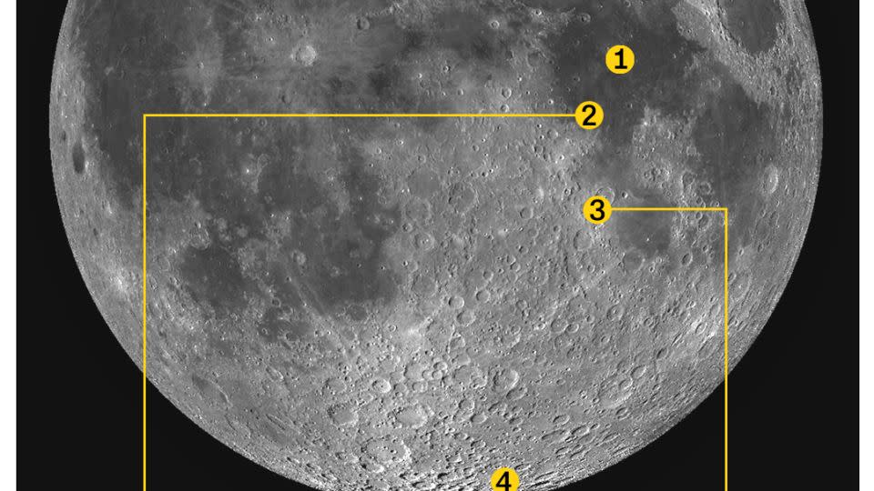 <strong>1)</strong> The Sea of Tranquility <strong>2)</strong> the Apollo 11 landing site <strong>3)</strong> the Shioli crater that the SLIM mission is targeting and <strong>4)</strong> the Chandrayaan-3 lunar landing site. - CNN/Getty Images/ISRO/lROC