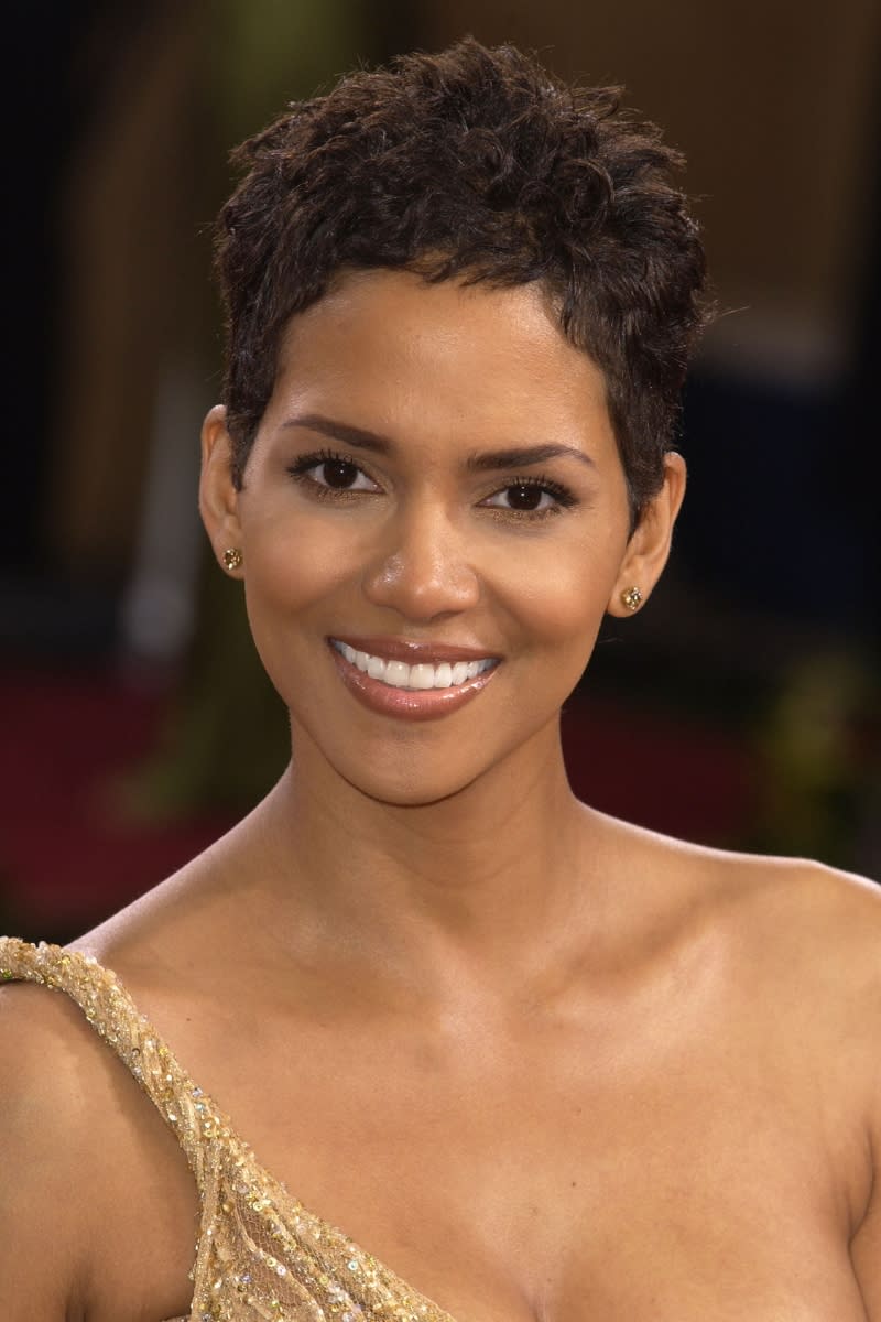 Halle Berry is pictured with a short pixie haircut at the The Kodak Theater in Hollywood, California