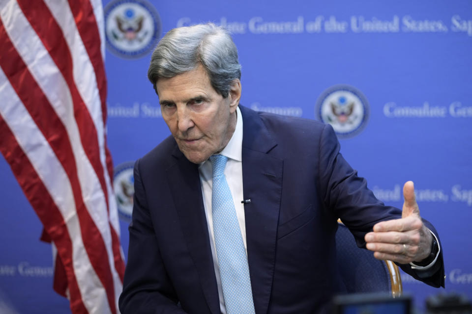 U.S. Special Presidential Envoy for Climate John Kerry speaks during an interview with The Associated Press at the U.S. Consulate General after the G-7 ministers' meeting on climate, energy and environment in Sapporo, northern Japan, Sunday, April 16, 2023. So much has been invested in clean energy that there can be no rolling back of moves to end carbon emissions, though much more needs to be done much faster to prevent the worst impacts of climate change, U.S. Presidential Envoy John Kerry said Sunday. (AP Photo/Hiro Komae)