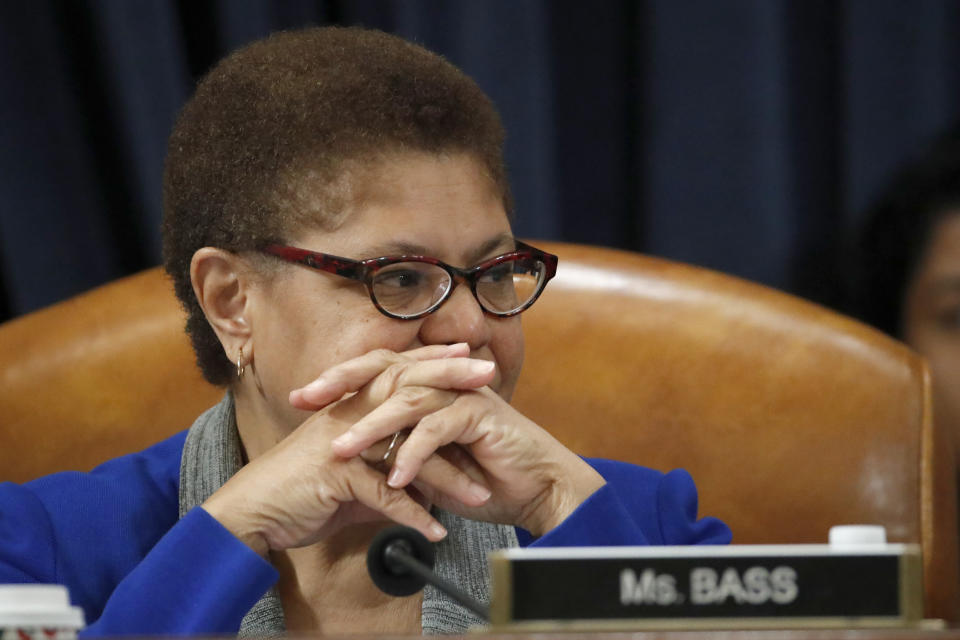 FILE - In this Dec. 12, 2019, file photo, Rep. Karen Bass, D-Calif., listens during a hearing on Capitol Hill in Washington. Bass, a prominent figure in national Democratic politics who was on President Joe Biden's shortlist of candidates when he was considering a vice presidential pick, is planning to run for Los Angeles mayor, a person familiar with her plans said Friday, Sept. 24, 2021. (AP Photo/Alex Brandon, File)