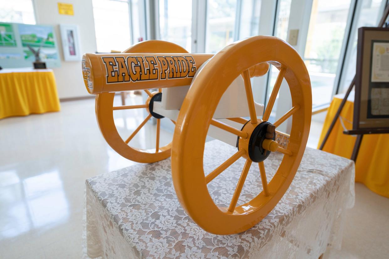A miniature cannon is one of the many items on display at the Pueblo East High School Alumni and Heritage Hall on Wednesday, May 10, 2023.
