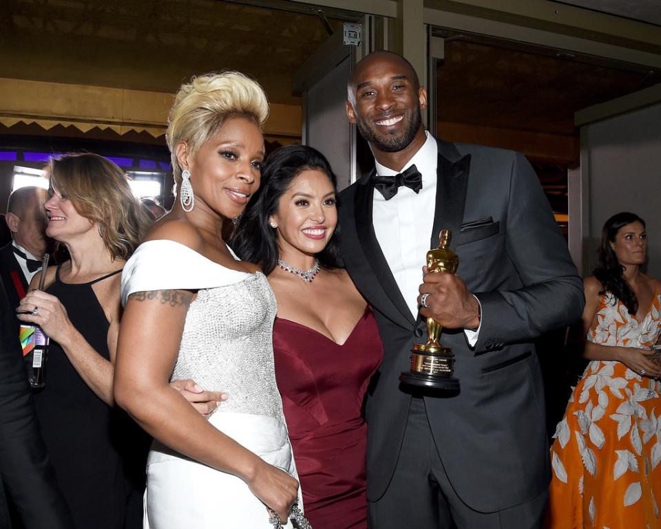 HOLLYWOOD, CA – MARCH 04: (L-R) Mary J. Blige, Vanessa Laine Bryant, and filmmaker Kobe Bryant, winner of the Best Animated Short Film award for ‘Dear Basketball,’ attend the 90th Annual Academy Awards Governors Ball at Hollywood