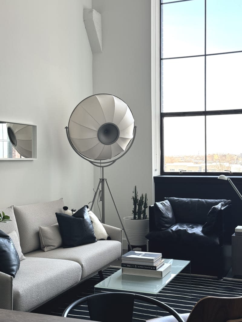 White and black furniture in living room with large white softbox light.