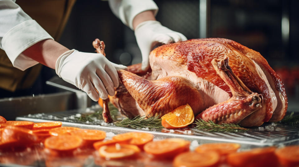 A close-up of a hand cutting fresh turkeys, revealing the perishable products of the company.