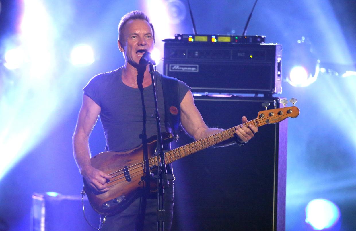 Sting performs a medley at the American Music Awards at the Microsoft Theater on Sunday, Nov. 20, 2016, in Los Angeles. (Photo by Matt Sayles/Invision/AP)