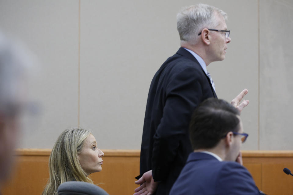 Gwyneth Paltrow sits in court as her attorney speaks on Thursday, March 23, 2023, in Park City, Utah. Terry Sanderson is suing Paltrow for $300,000, claiming she recklessly crashed into him while the two were skiing on a beginner run at Deer Valley Resort in Park City, Utah in 2016. (AP Photo/Jeff Swinger, Pool)