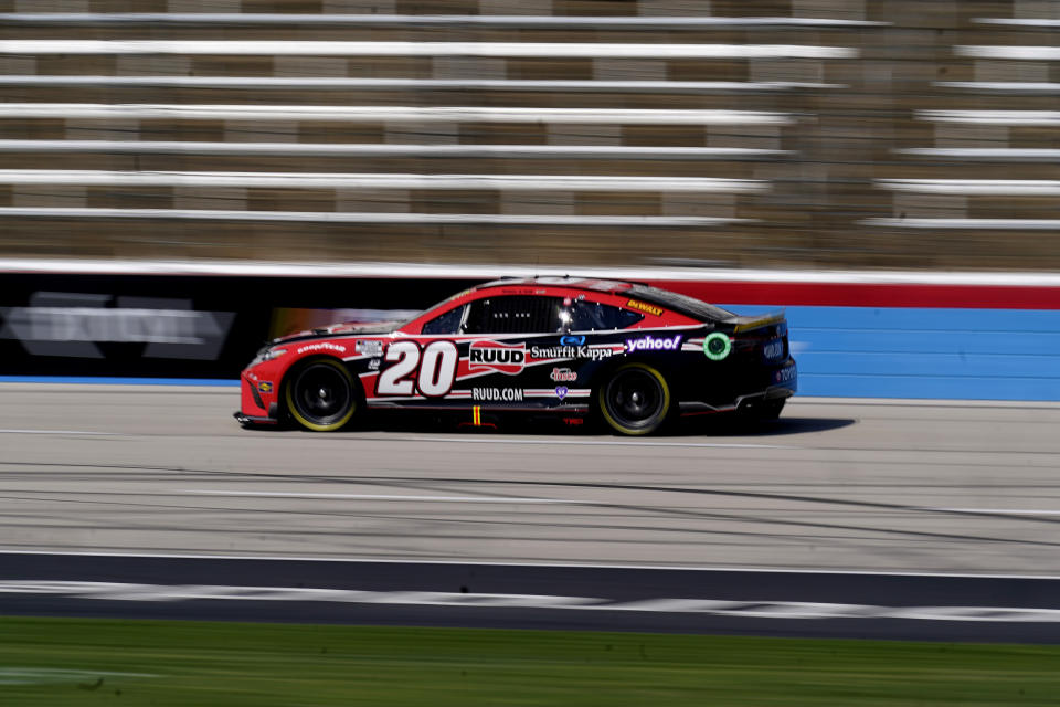 Christopher Bell (20) drives during practice for the NASCAR Cup Series auto race at Texas Motor Speedway in Fort Worth, Texas, Saturday, Sept. 24, 2022. (AP Photo/LM Otero)