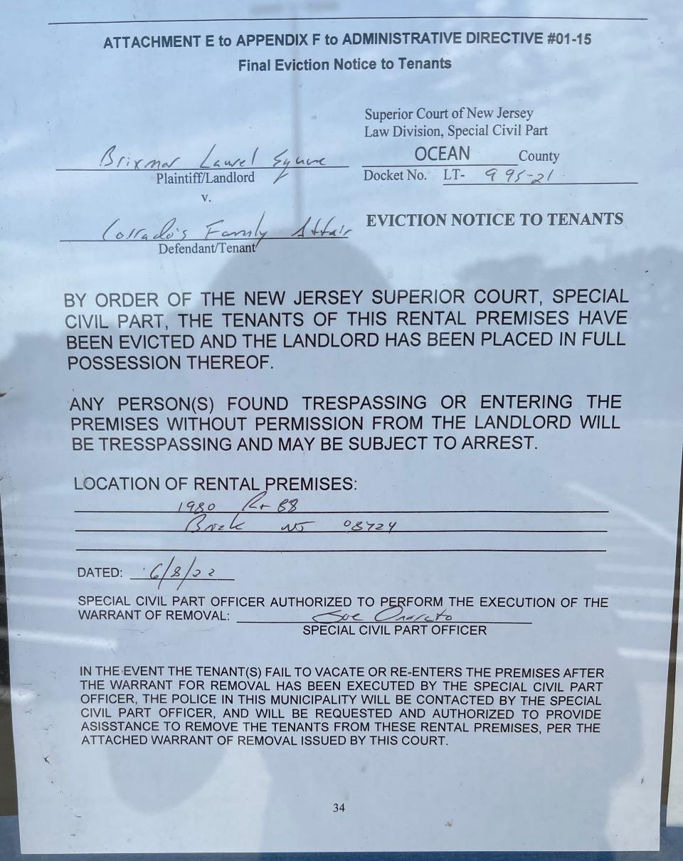 An eviction notice posted on the door at Corrado's Market in Brick.