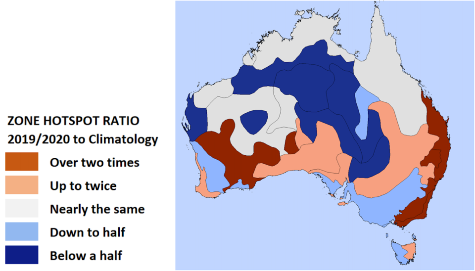 The ratio of hotspots in 2019-20 to the first decade average for zones around Australia. Author analysis of NASA data, Author provided