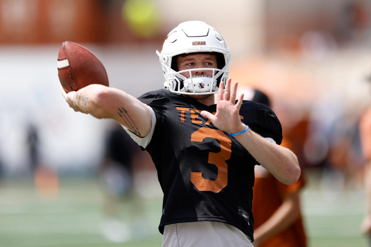 Quinn Ewers #3 of the Texas Longhorns warms up before the Texas Football Orange-White Spring Football Game at Darrell K Royal-Texas Memorial Stadium on April 15, 2023 in Austin, Texas. (Photo by Tim Warner/Getty Images)