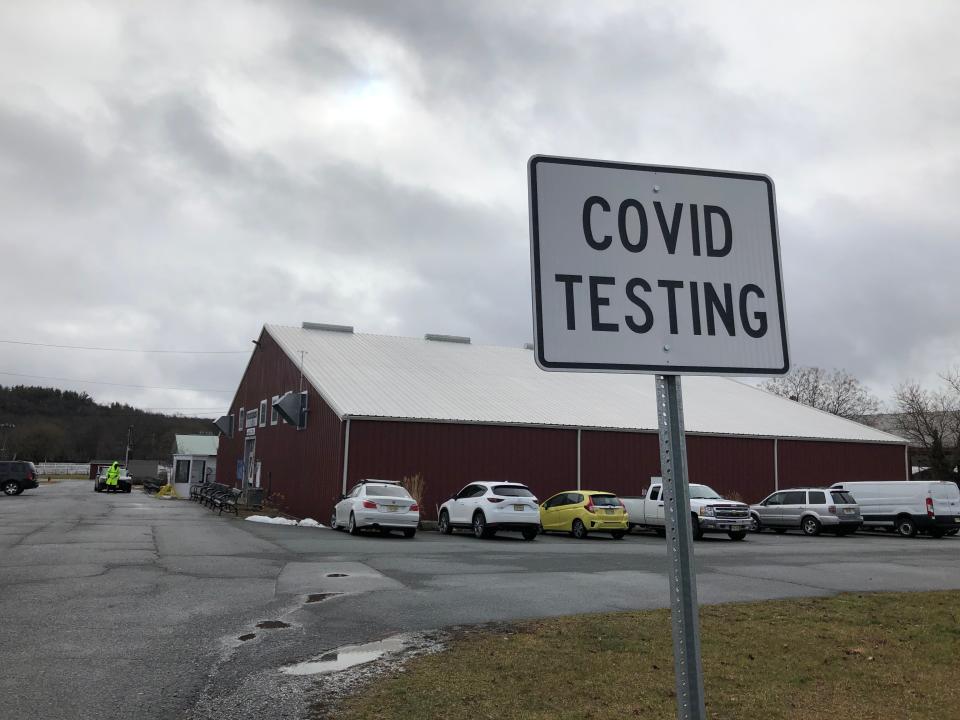 A sign announces testing for COVID-19 at the Sussex County Fairgrounds Saturday, Jan. 16, 2021.