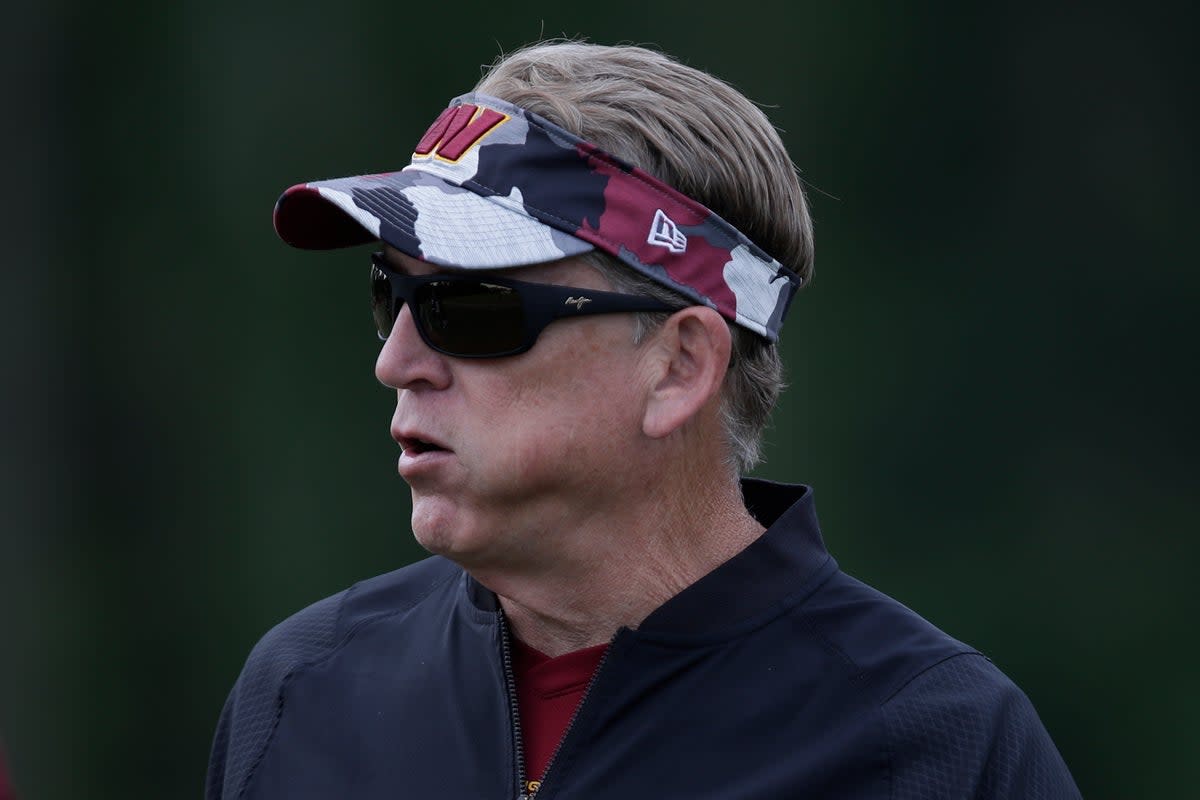 Washington Commanders defensive coordinator Jack Del Rio is seen during an NFL football OTA practice at Inova Sports Performance Center in Ashburn, Va., Wednesday, June 8, 2022 (AP)