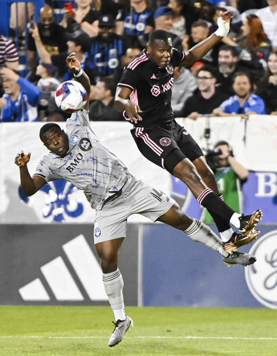 CF Montreal's Sunusi Ibrahim left, challenges Inter Miami's Kamal Miller during second-half MLS soccer match action in Montreal, Saturday, May 27, 2023. (Graham Hughes/The Canadian Press via AP)