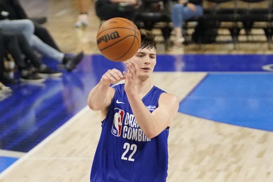 Christian Braun of Kansas participates in a drill at the NBA draft combine.