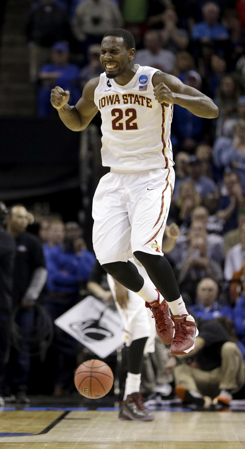 Iowa State's Dustin Hogue (22) reacts after being called for a foul during the second half of a third-round game against North Carolina in the NCAA college basketball tournament Sunday, March 23, 2014, in San Antonio. Iowa State won 85-83. (AP Photo/David J. Phillip)