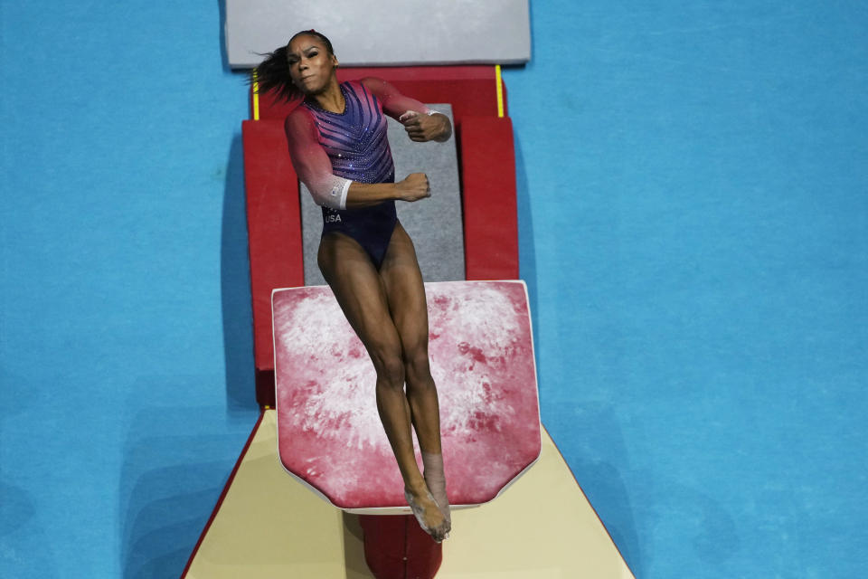 Shilese Jones of the U.S. competes on the vault during the Women's All-Around Final at the Men's Team Final during the Artistic Gymnastics World Championships at M&S Bank Arena in Liverpool, England, Thursday, Nov. 3, 2022. (AP Photo/Thanassis Stavrakis)