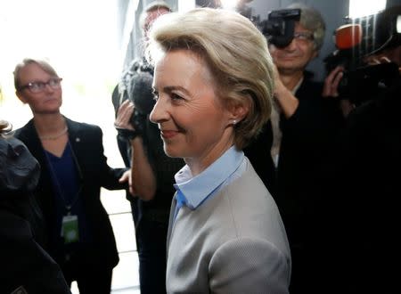 German Defence Minister Ursula von der Leyen arrives to face the defence commission of the lower house of parliament Bundestag in Berlin, Germany May 10, 2017. REUTERS/Fabrizio Bensch
