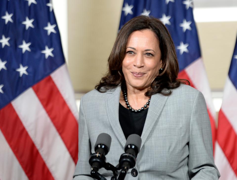 Democratic vice presidential nominee, Sen. Kamala Harris (D-CA) delivers remarks at Shaw University on in Raleigh, North Carolina on Monday.