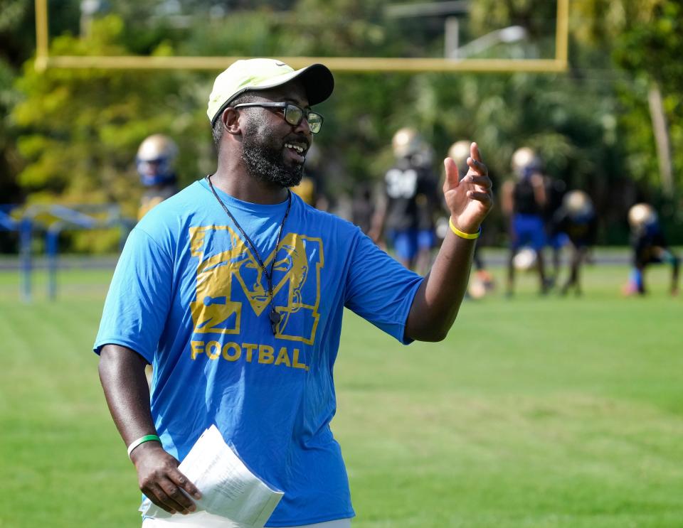 Mainland High School head football coach Travis Roland during football practice, Tuesday, August 1, 2023. 