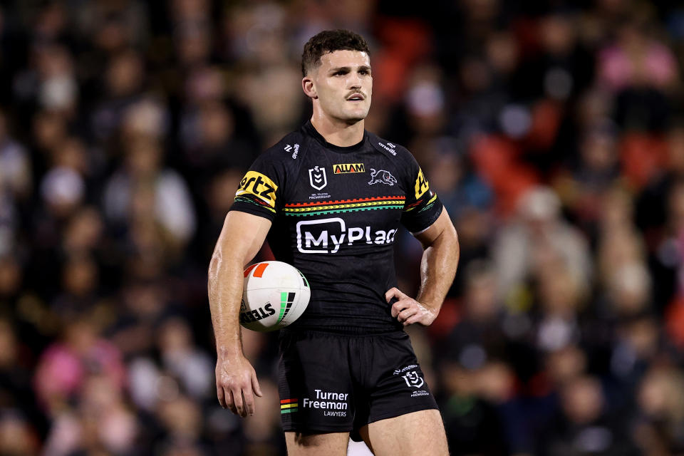 PENRITH, AUSTRALIA - AUGUST 15: Nathan Cleary of the Panthers looks on during the round 24 NRL match between Penrith Panthers and Melbourne Storm at BlueBet Stadium, on August 15, 2024, in Penrith, Australia. (Photo by Brendon Thorne/Getty Images)