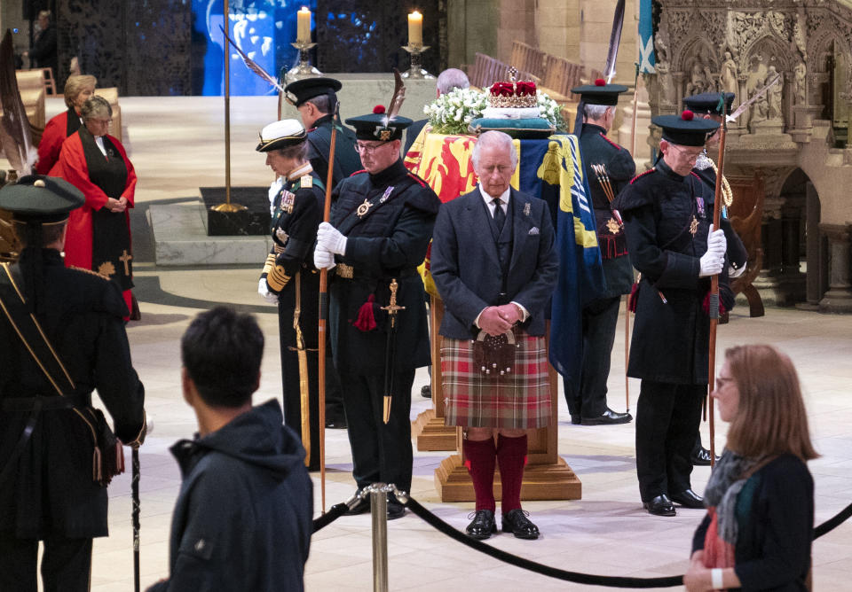 King Charles III and other members of the royal family hold a vigil at St Giles' Cathedral, Edinburgh, in honour of Queen Elizabeth II. Picture date: Monday September 12, 2022.