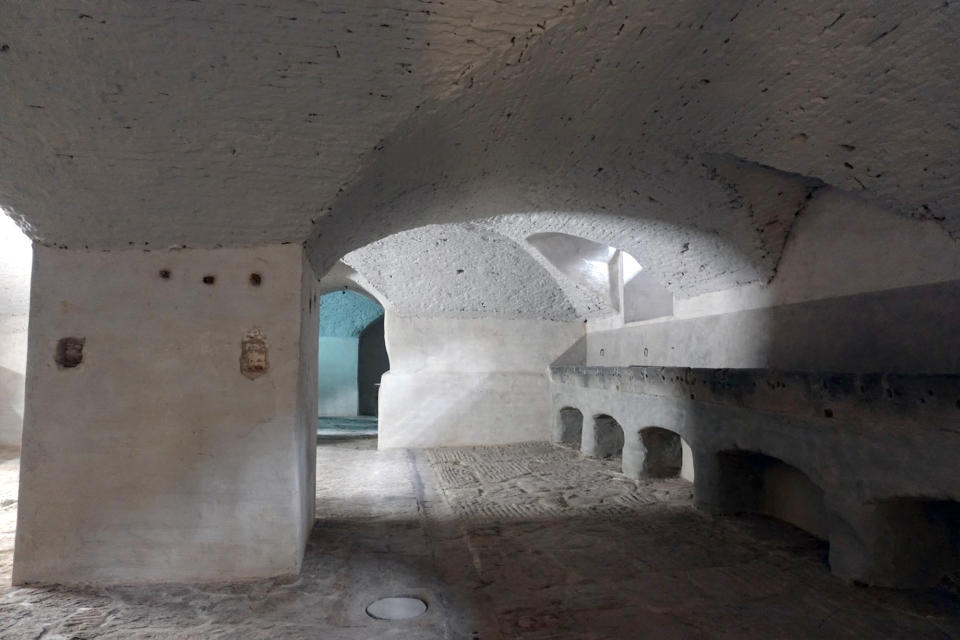 In this photo made available Thursday, April 22, 2021, the underground area of the Uffizi Gallery is seen after renovation works, in Florence, Italy, Friday, April 16, 2021 . Recently discovered frescoes and new rooms filled with statuary will give visitors “a glorious introduction” Florence’s Uffizi Galleries when the museum reopens after months of COVID closure. Starting with the reopening, visitors will enter the museum from the west wing, facing the Arno River, where workers restoring galleries have discovered hidden beneath plaster and on ceilings frescoes dating from the 17th and 18th centuries. (Uffizi Gallery via AP)