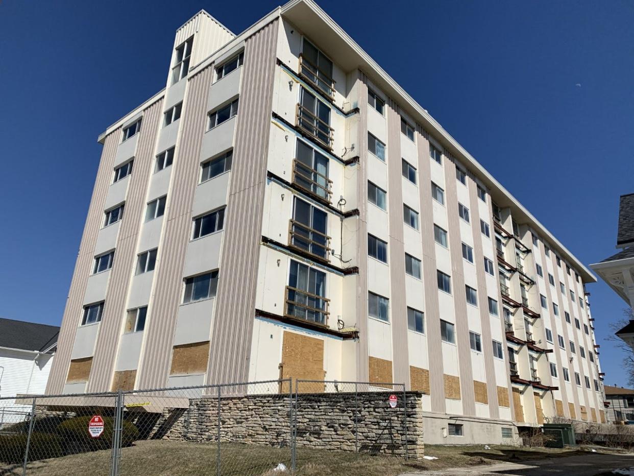 The Horizon West Condominiums building stands vacant and partially boarded up in late March 2023. The city of Waukesha has announced plans for its demolition, by year's end, just beyond the second anniversary of an emergency evacuation that displaced its residents.