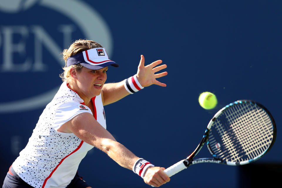 Kim Clijsters of Belgium returns a shot against Laura Robson of Great Britain during their women's singles second round match Day Three of the 2012 US Open at USTA Billie Jean King National Tennis Center on August 29, 2012 in the Flushing neigborhood of the Queens borough of New York City. (Photo by Cameron Spencer/Getty Images)