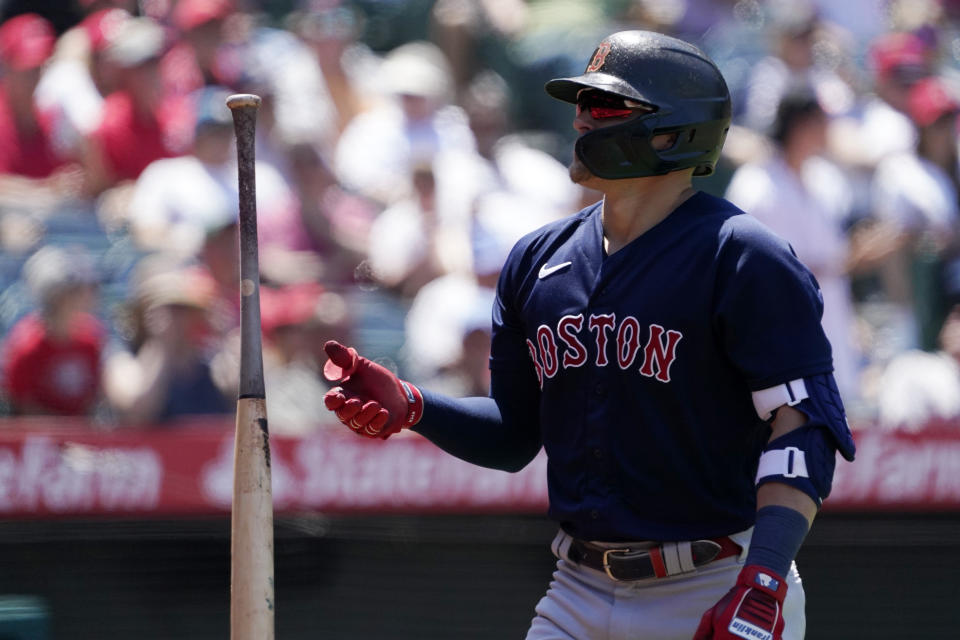 Boston Red Sox's Kiké Hernandez flips his bat after striking out during the fifth inning of a baseball game against the Los Angeles Angels Wednesday, July 7, 2021, in Anaheim, Calif. (AP Photo/Mark J. Terrill)