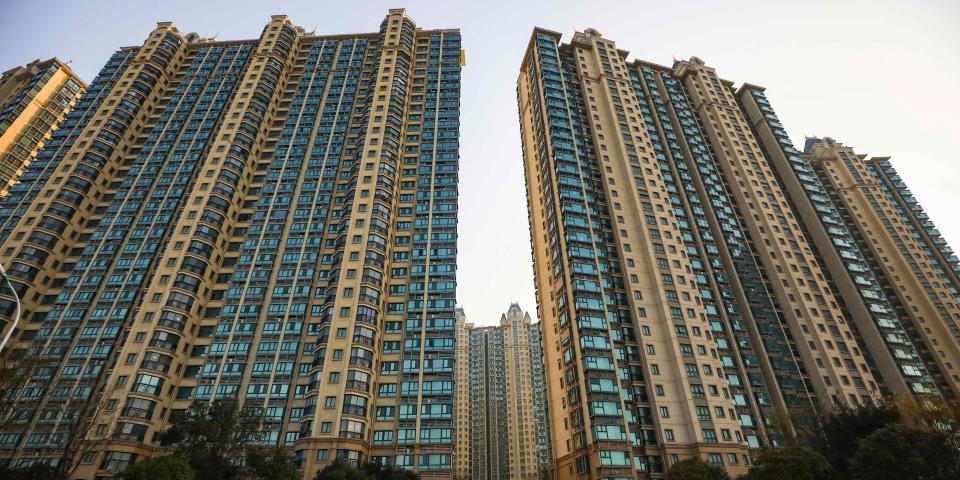 An exterior view of Evergrande Metropolis (or Evergrande Mingdu) housing complex on December 6, 2021 in Huaian, Jiangsu Province of China.