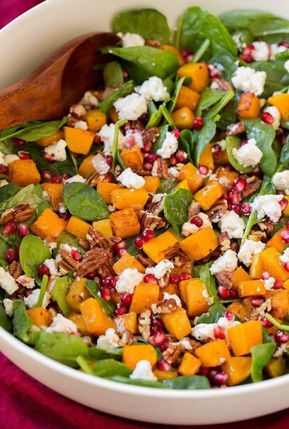 Winter Squash, Pomegranate and Goat Cheese Spinach Salad With Red Wine Vinaigrette