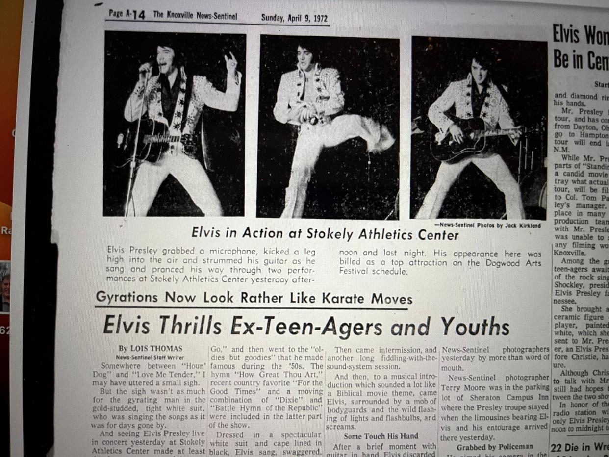 One of the News Sentinel's articles on Elvis’s 1972 concert in Knoxville ran on page 14. A front-page story showed a photo of Elvis greeting Janet Testerman, with the headline "Elvis Says He Won't Pose for Magazine Centerfold."