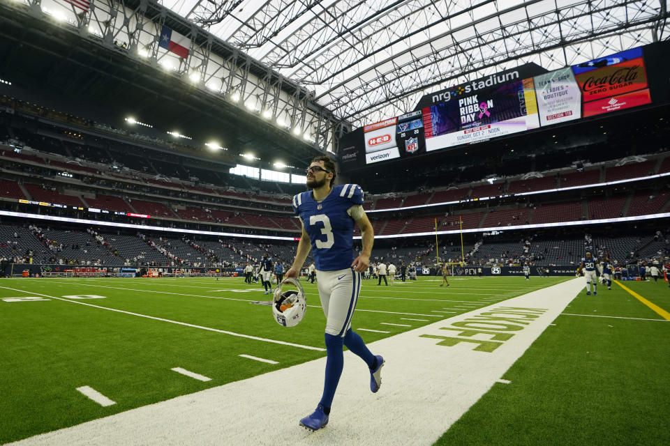 Indianapolis Colts place kicker Rodrigo Blankenship (3) leaves the field after an overtime tie game with the Houston Texans of an NFL football game Sunday, Sept. 11, 2022, in Houston. Blankenship missed a field goal in OT. (AP Photo/David J. Phillip)