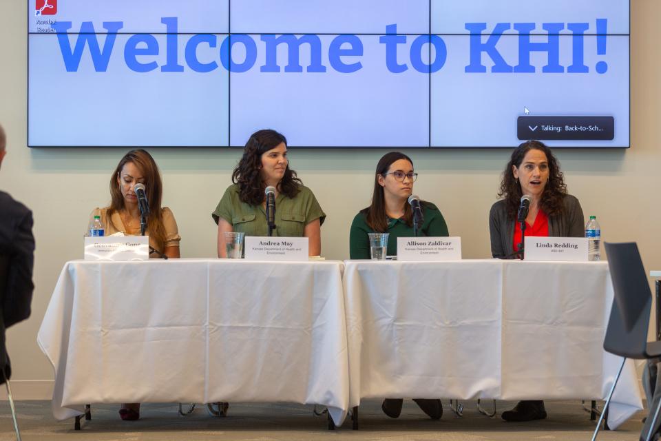 A panel of health experts discusses school vaccinations at a presentation hosted by the Kansas Health Institute on Thursday morning.