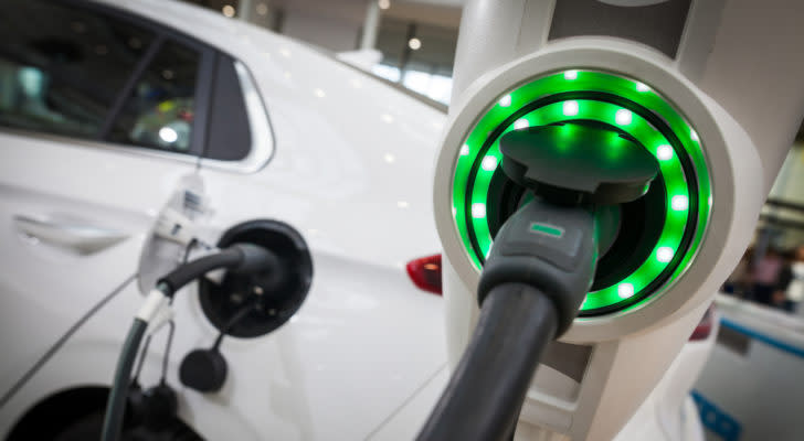 an electric vehicle (EV) at a charging station representing SOLO stock