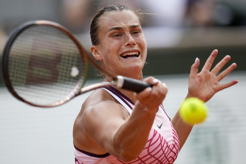 Aryna Sabalenka of Belarus plays a shot against Karolina Muchova of the Czech Republic during their semifinal match of the French Open tennis tournament at the Roland Garros stadium in Paris, Thursday, June 8, 2023. (AP Photo/Christophe Ena)